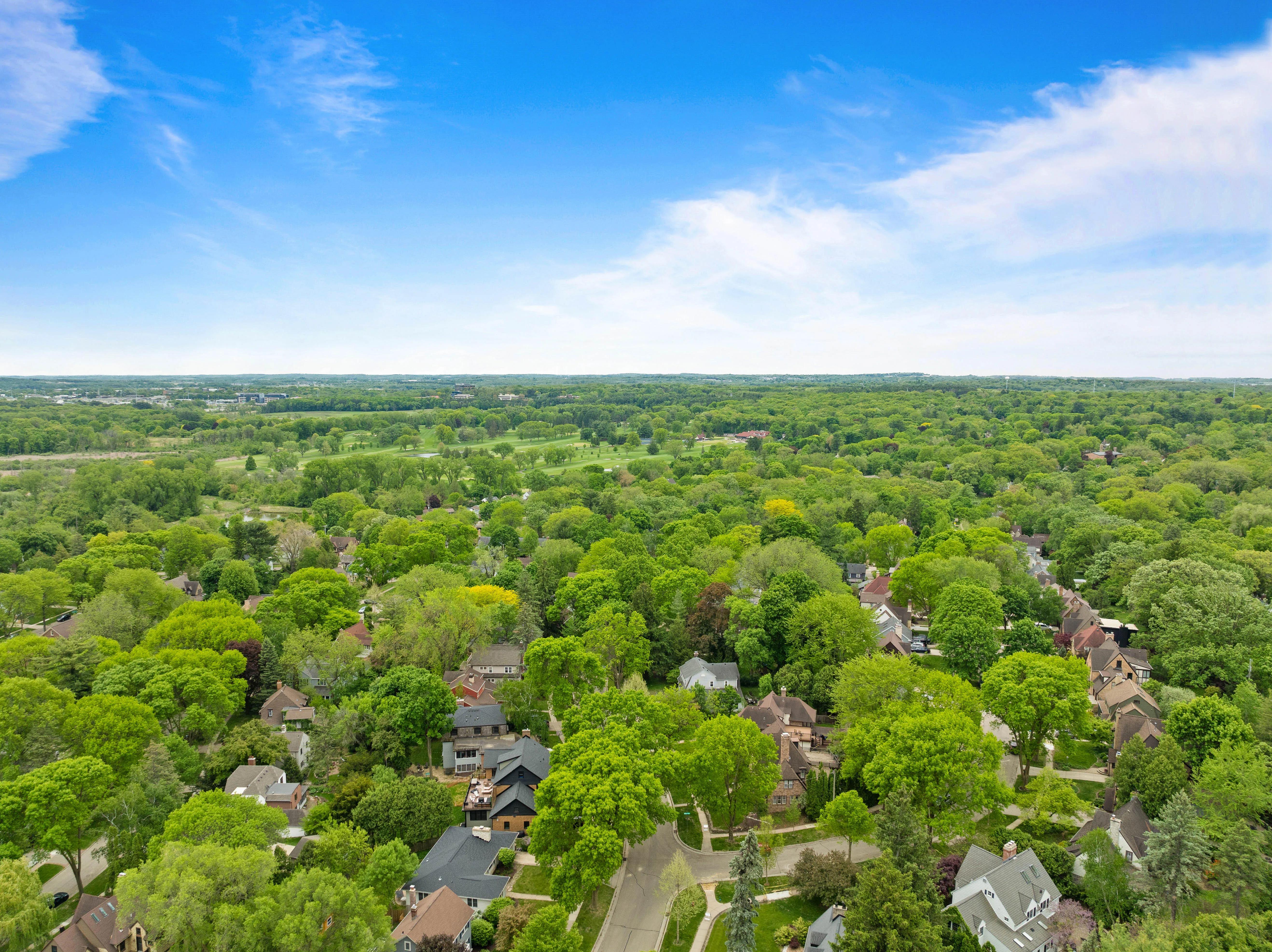 Aerial view of homes and neighborhood streets surrounded by mature green trees